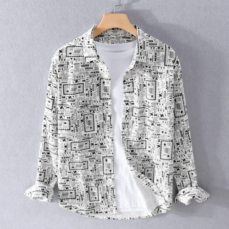 Herren Langarmhemd im Overshirt-Stil mit geometrischem Ethno‑Print Drune