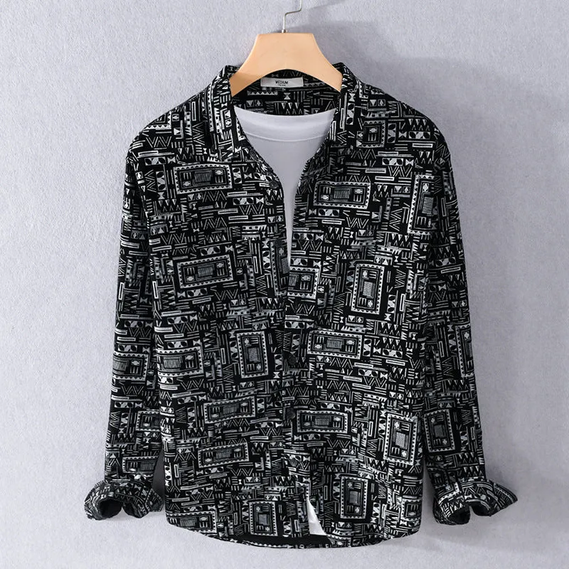 Herren Langarmhemd im Overshirt-Stil mit geometrischem Ethno‑Print Drune