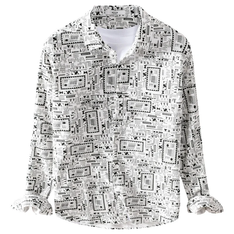 Herren Langarmhemd im Overshirt-Stil mit geometrischem Ethno‑Print Drune