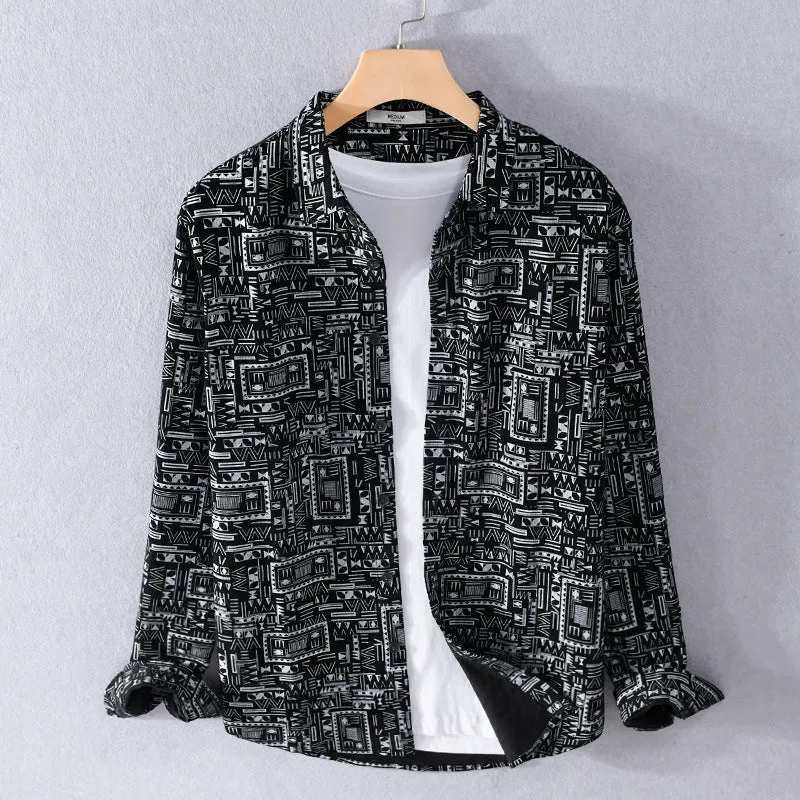 Herren Langarmhemd im Overshirt-Stil mit geometrischem Ethno‑Print Drune