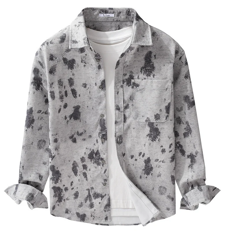 Herren Langärmeliges Baumwoll-Overshirt mit abstraktem Sprühmuster und aufgesetzter Brusttasche Drune