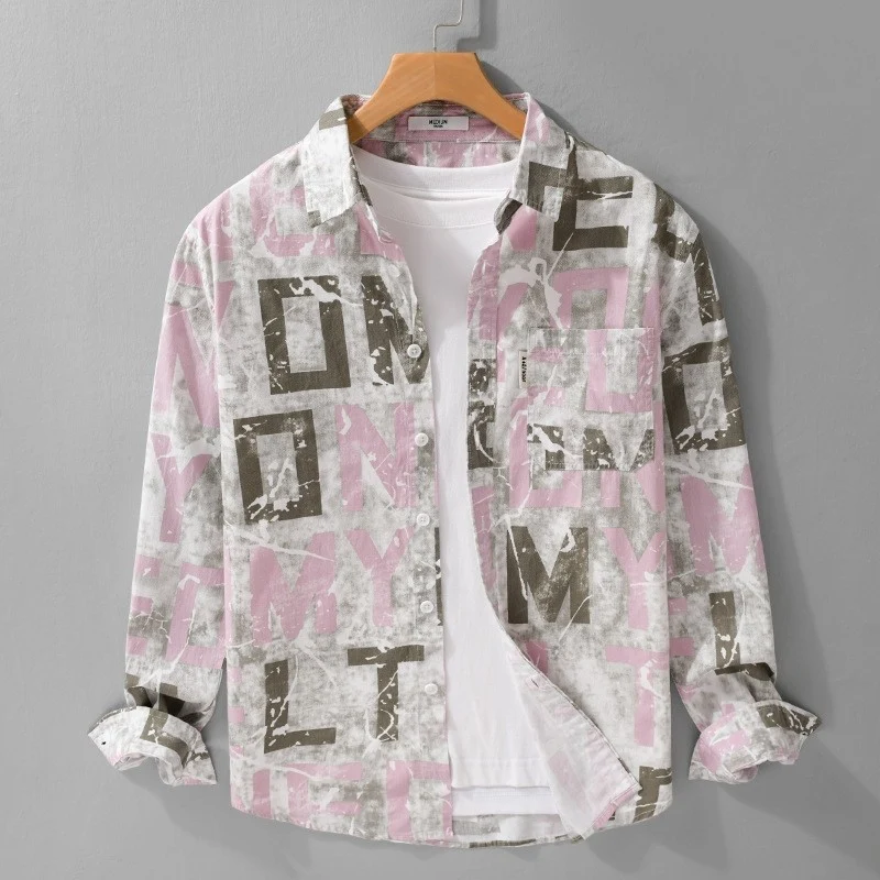 Herren Langarm-Hemdjacke mit großflächigem Typo‑Print aus Baumwollmix Drune