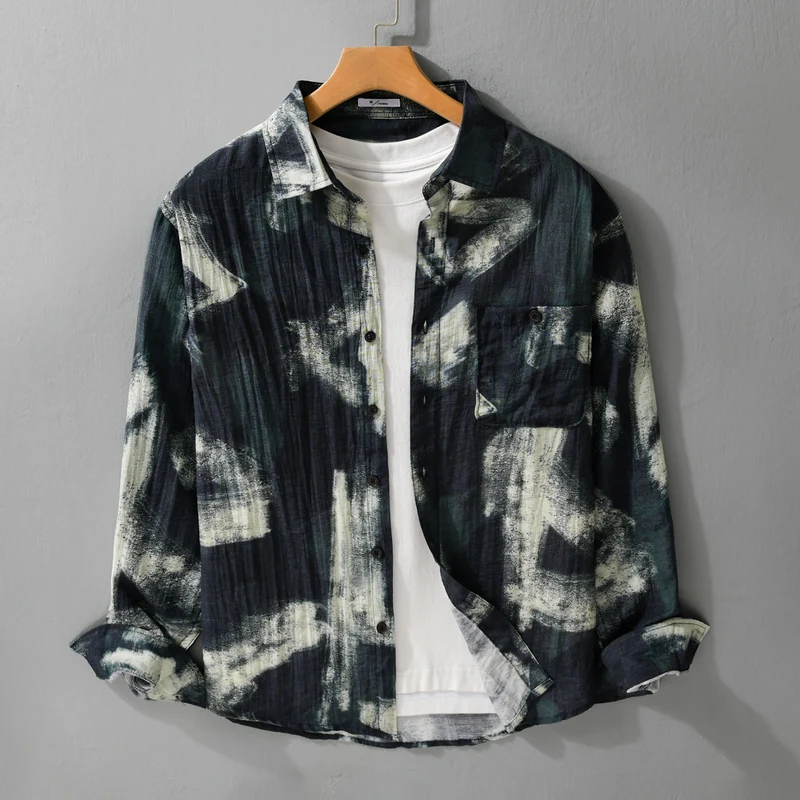 Herren Langarm-Hemdjacke mit abstraktem Pinselprint und feiner Crinkle‑Struktur Drune