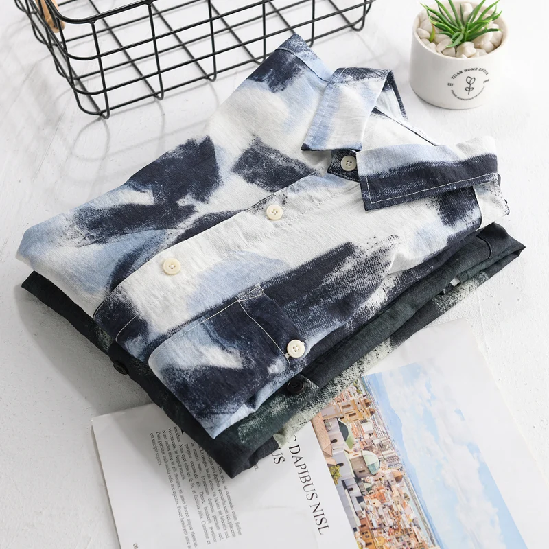Herren Langarm-Hemdjacke mit abstraktem Pinselprint und feiner Crinkle‑Struktur Drune