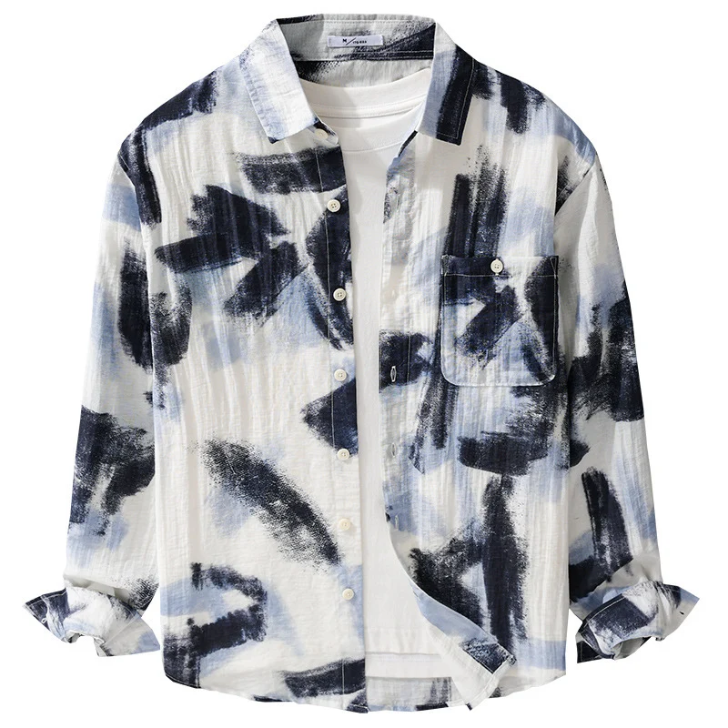 Herren Langarm-Hemdjacke mit abstraktem Pinselprint und feiner Crinkle‑Struktur Drune