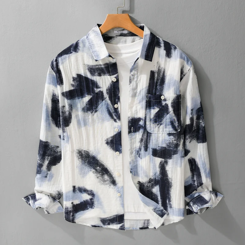 Herren Langarm-Hemdjacke mit abstraktem Pinselprint und feiner Crinkle‑Struktur Drune
