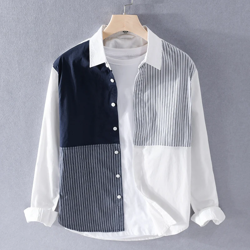 Herren Kontrastiertes Patchwork-Hemd mit Block- und Nadelstreifen Drune