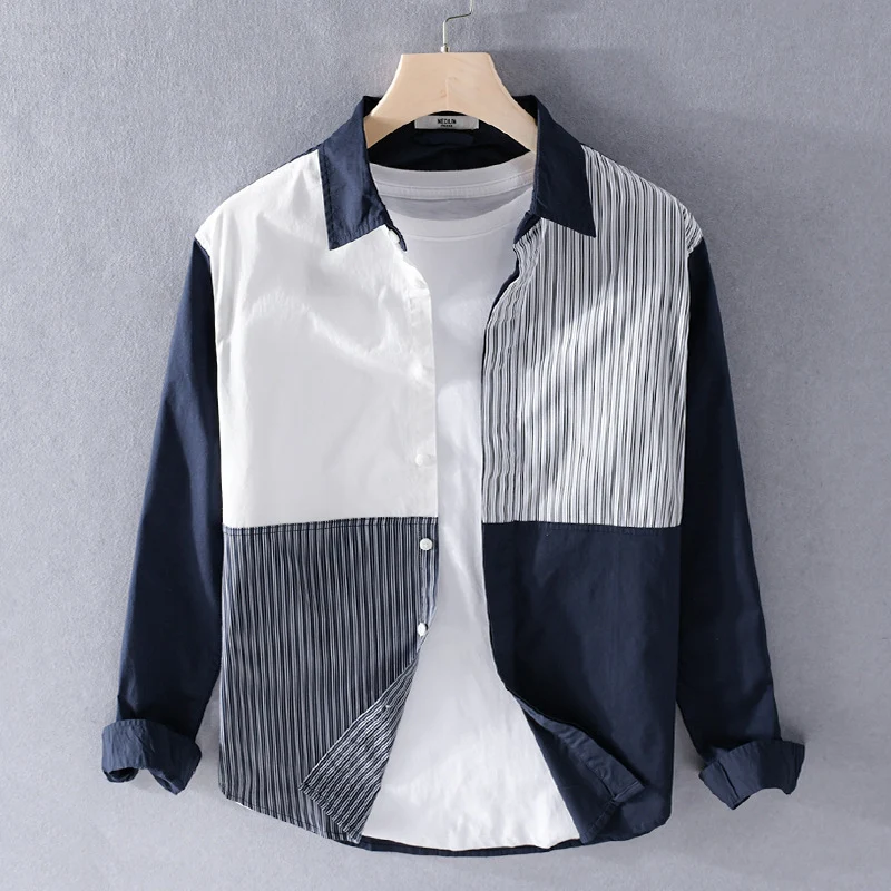 Herren Kontrastiertes Patchwork-Hemd mit Block- und Nadelstreifen Drune