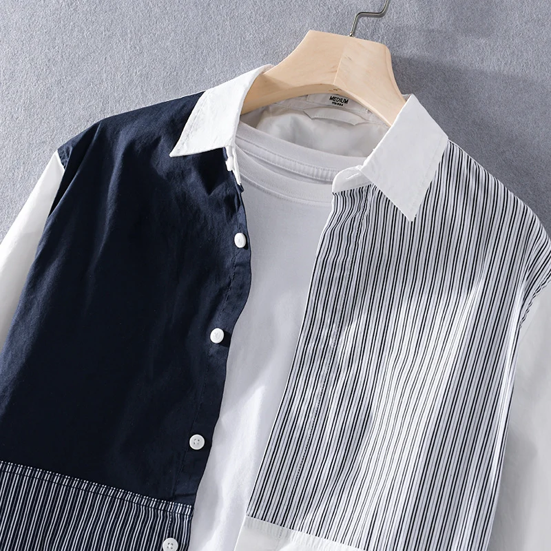 Herren Kontrastiertes Patchwork-Hemd mit Block- und Nadelstreifen Drune