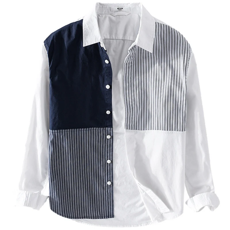 Herren Kontrastiertes Patchwork-Hemd mit Block- und Nadelstreifen Drune