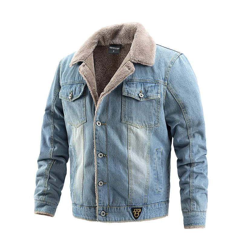Herren Robuste Denim-Truckerjacke mit Sherpa-Futter und Teddykragen Drune