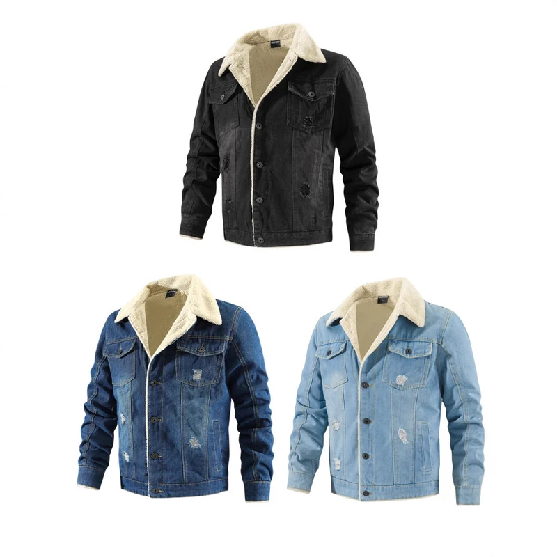 Herren Denimjacke mit Teddyfutter im Used-Look und Knopfleiste Drune
