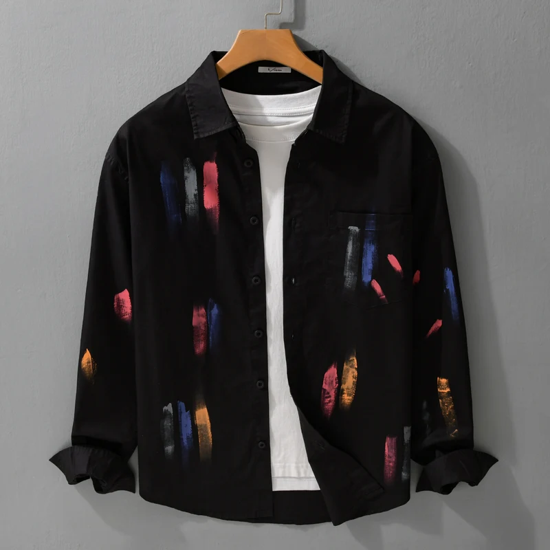 Unisex Bedrucktes Baumwoll-Overshirt im Künstlerprint mit Brusttasche Drune