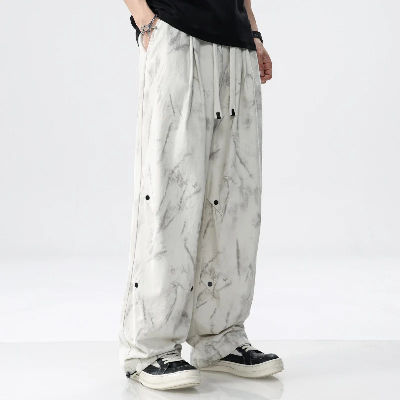 Herren Weite Baggy-Cargohose mit Marmor-Print und Kordelzug Drune