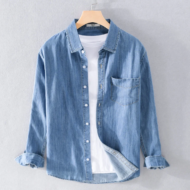 Herren Washed-Denim-Überhemd im Relaxed-Fit mit Brusttasche und kontrastreicher Naht Drune
