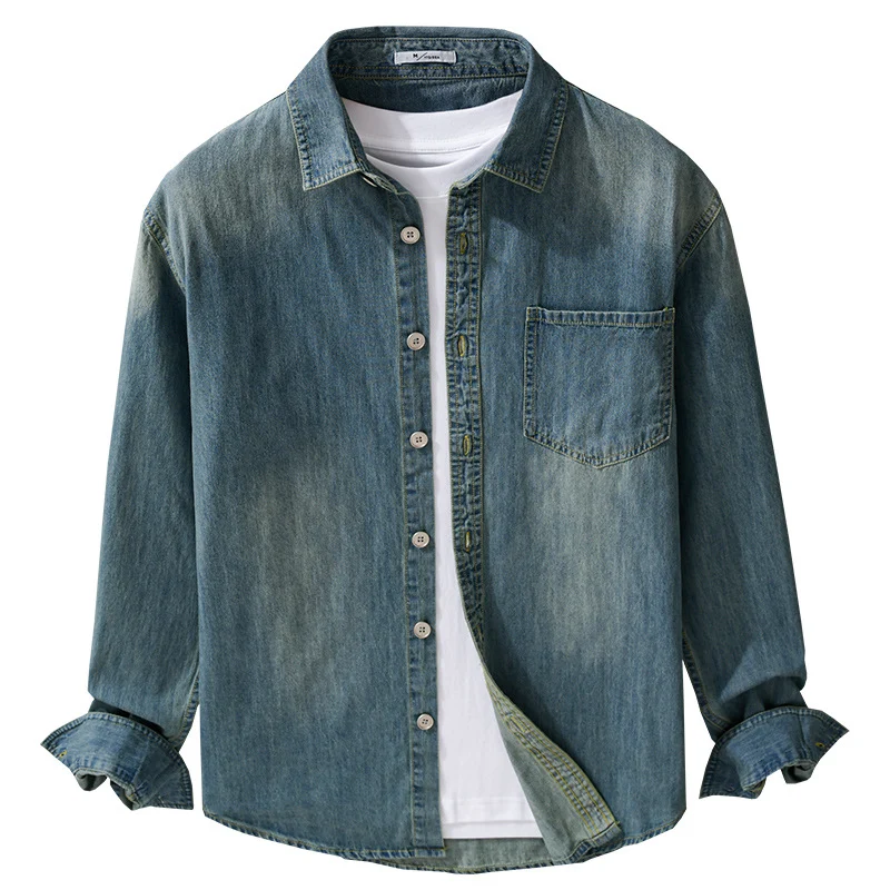 Herren Vintage-Optik Denim-Hemdjacke mit Brusttasche und Relaxed-Fit Drune