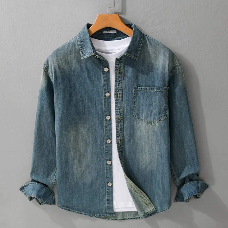 Herren Vintage-Optik Denim-Hemdjacke mit Brusttasche und Relaxed-Fit Drune