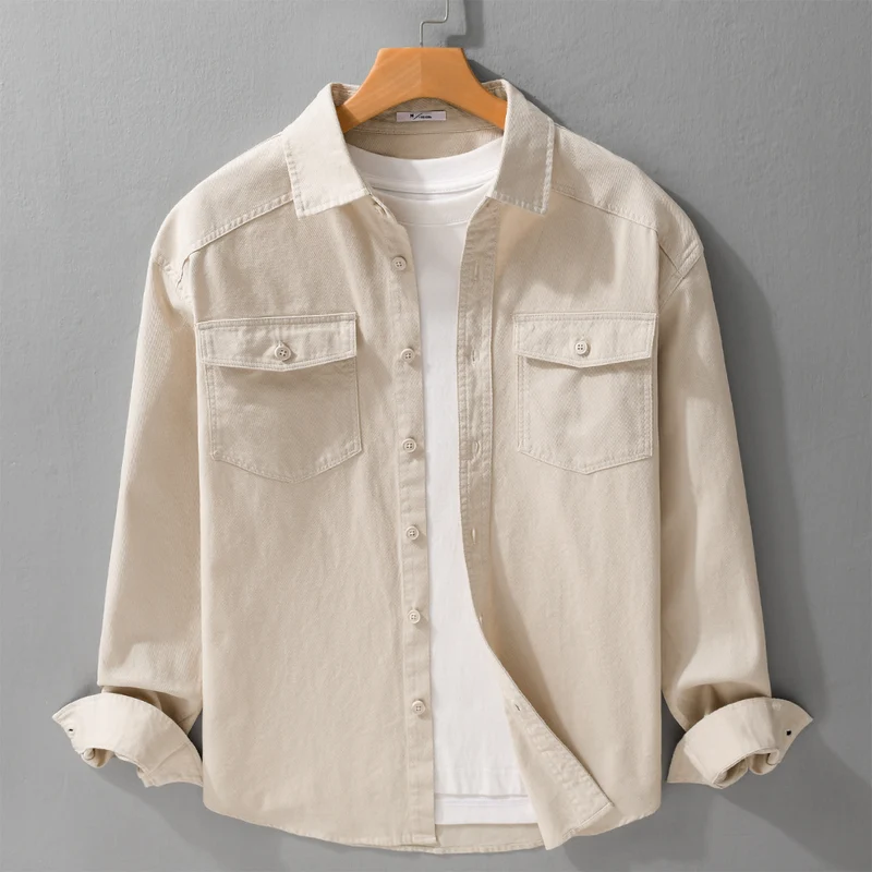 Herren Twill-Overshirt im Worker-Stil mit doppelten Brustklappen und Relaxed-Fit Drune