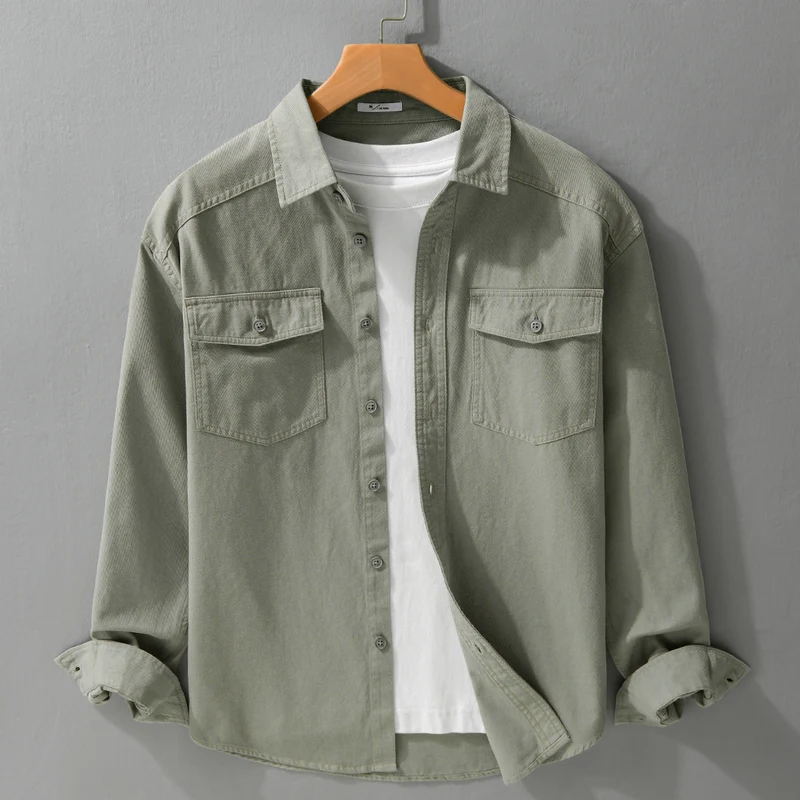 Herren Twill-Overshirt im Worker-Stil mit doppelten Brustklappen und Relaxed-Fit Drune