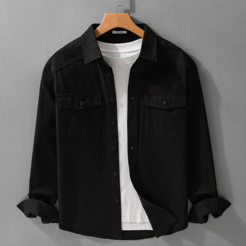 Herren Twill-Overshirt im Worker-Stil mit doppelten Brustklappen und Relaxed-Fit Drune