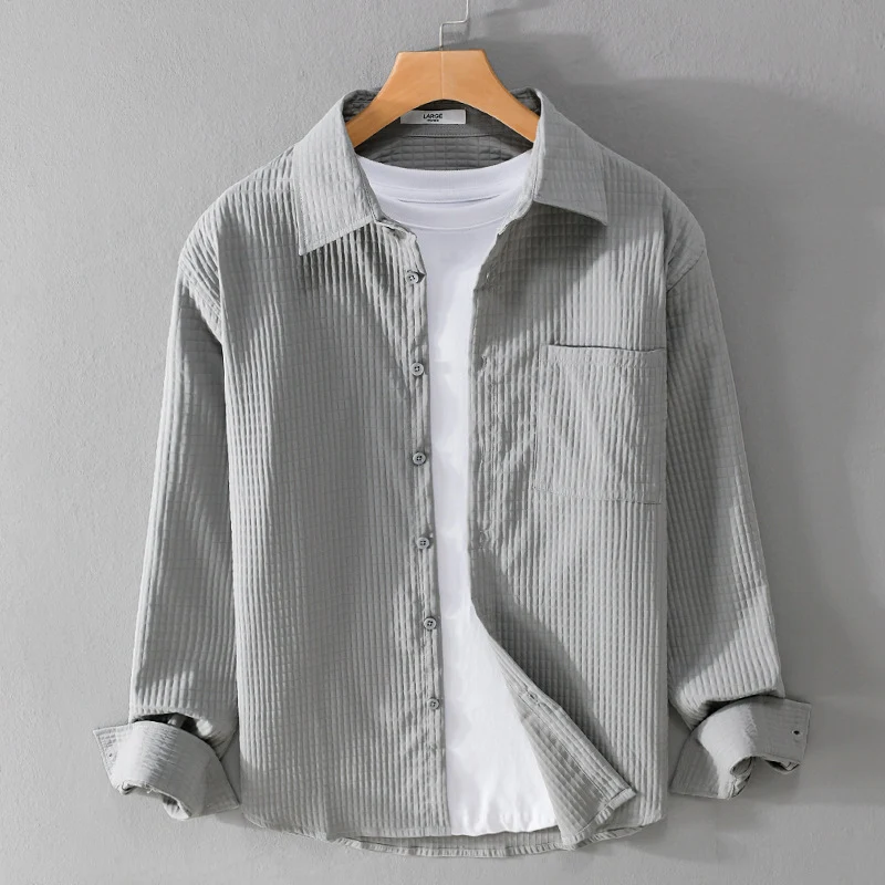 Herren Texturiertes Waffelstruktur-Overshirt mit Brusttasche und legerer Passform Drune