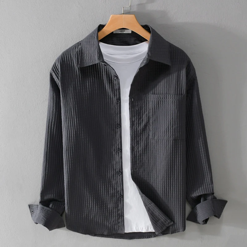 Herren Texturiertes Waffelstruktur-Overshirt mit Brusttasche und legerer Passform Drune