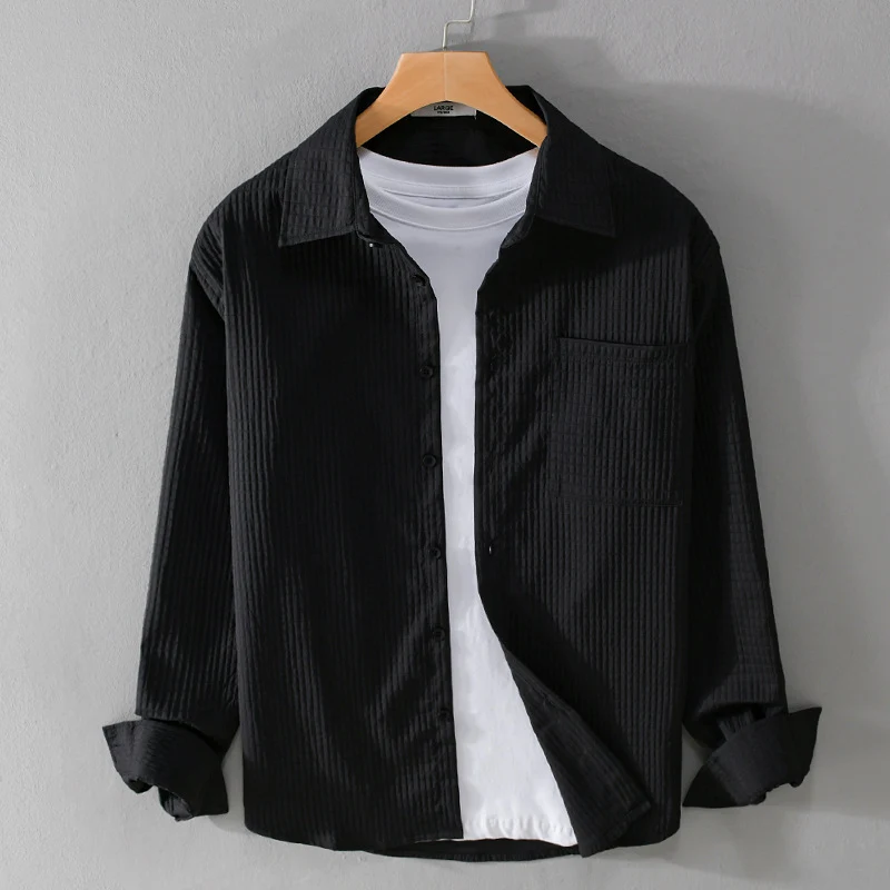 Herren Texturiertes Waffelstruktur-Overshirt mit Brusttasche und legerer Passform Drune