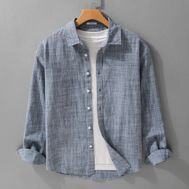 Herren Texturiertes Leinen-Baumwoll-Overshirt im Relaxed-Fit mit Hemdkragen und durchgehender Knopfleiste Drune
