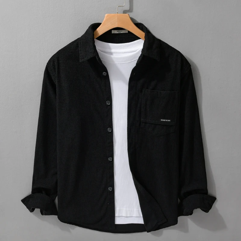 Herren Texturiertes Hemd-Overshirt mit Brusttasche, Knopfleiste und Waffelstruktur Drune