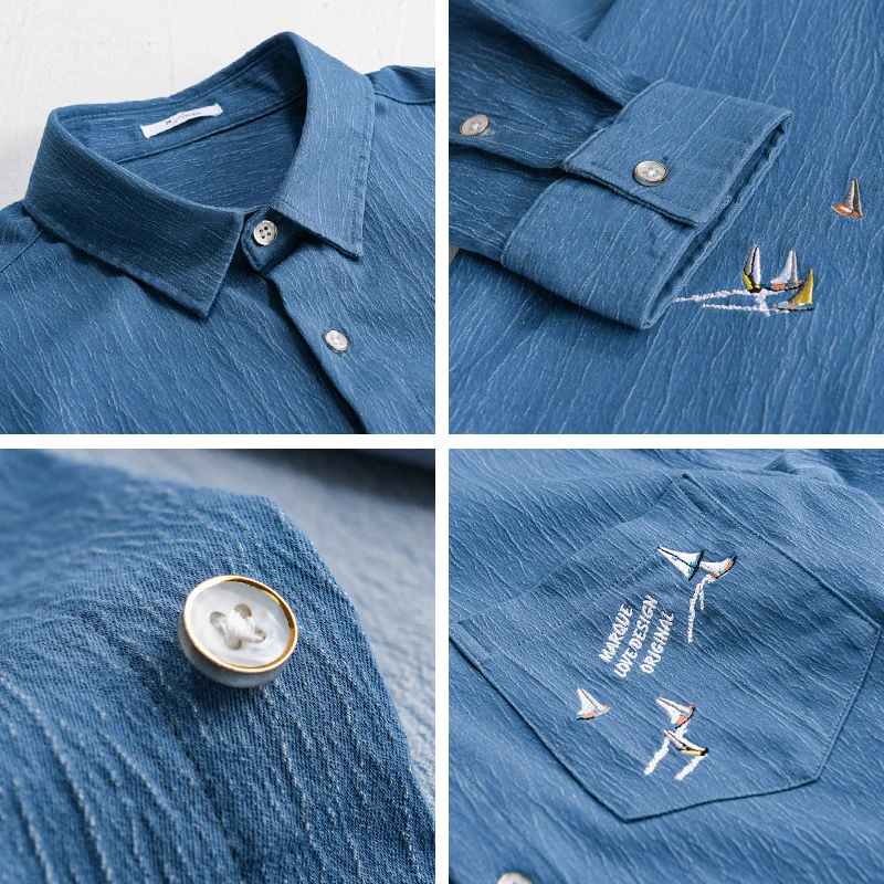 Herren Texturiertes Chambray-Overshirt mit maritimer Stickerei und Brusttasche Drune