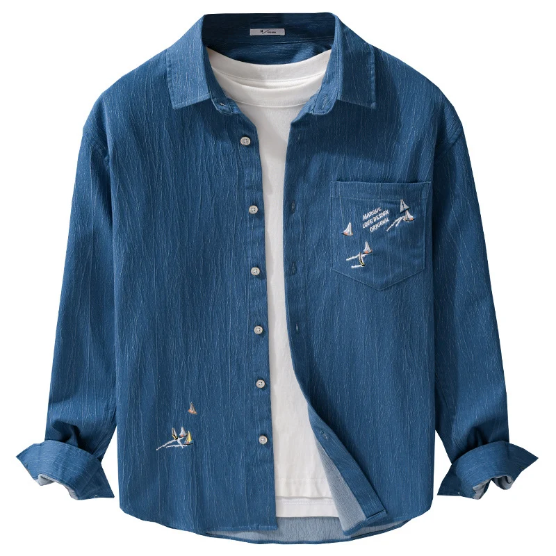 Herren Texturiertes Chambray-Overshirt mit maritimer Stickerei und Brusttasche Drune