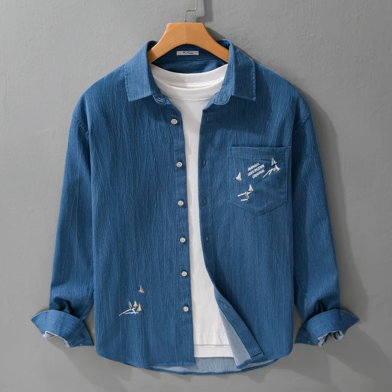 Herren Texturiertes Chambray-Overshirt mit maritimer Stickerei und Brusttasche Drune