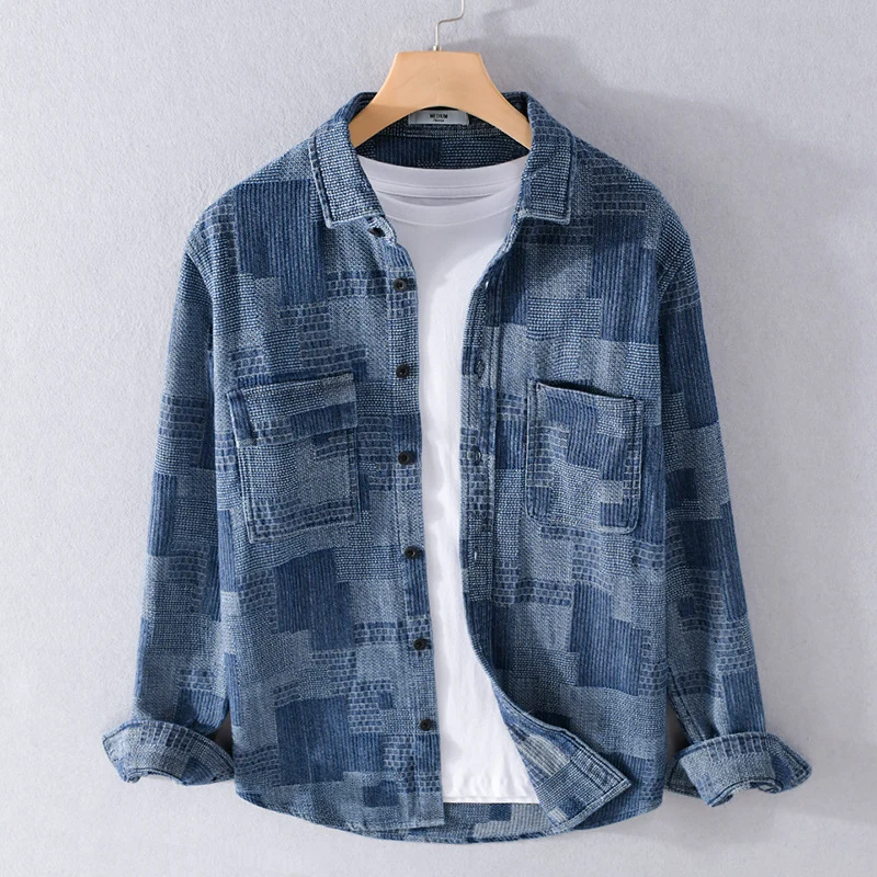 Herren Strukturierte Cord-Überhemdjacke im Patchworkmuster mit Kentkragen Drune