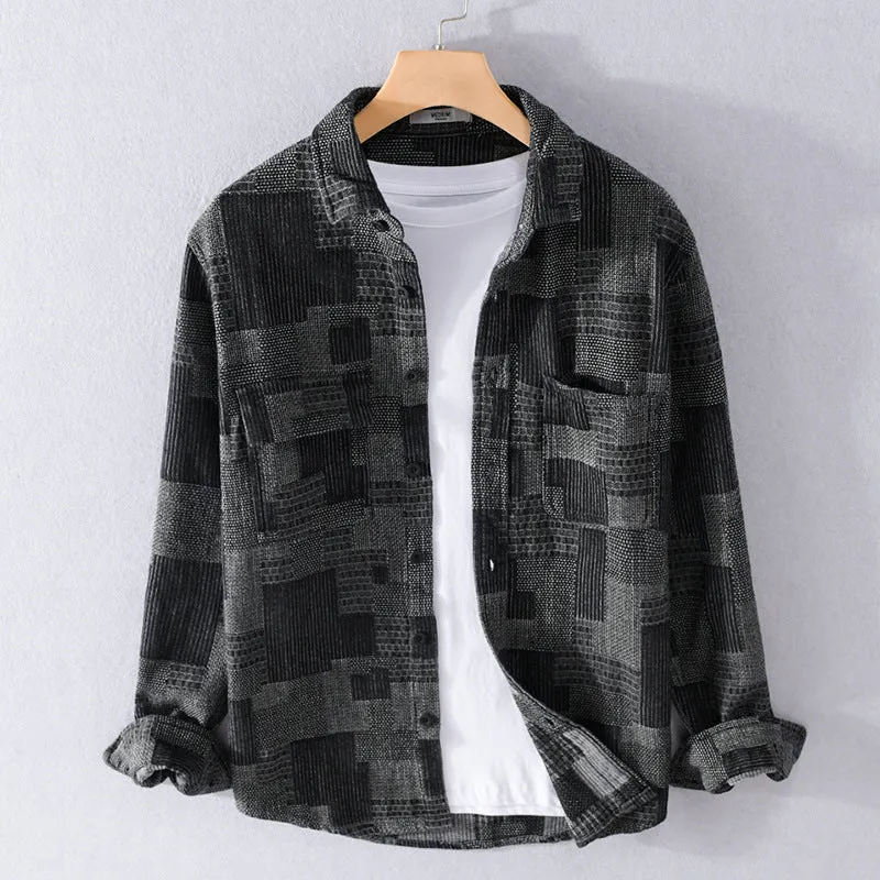 Herren Strukturierte Cord-Überhemdjacke im Patchworkmuster mit Kentkragen Drune