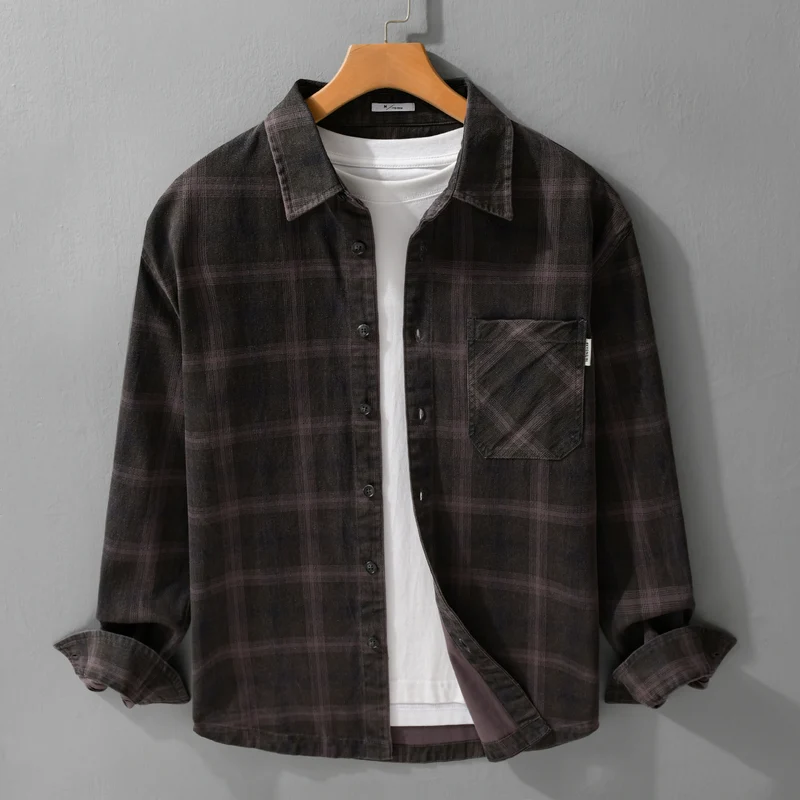 Herren Karo-Relaxed-Overshirt aus gebürstetem Baumwollmix mit Brusttasche und durchgehender Knopfleiste Drune