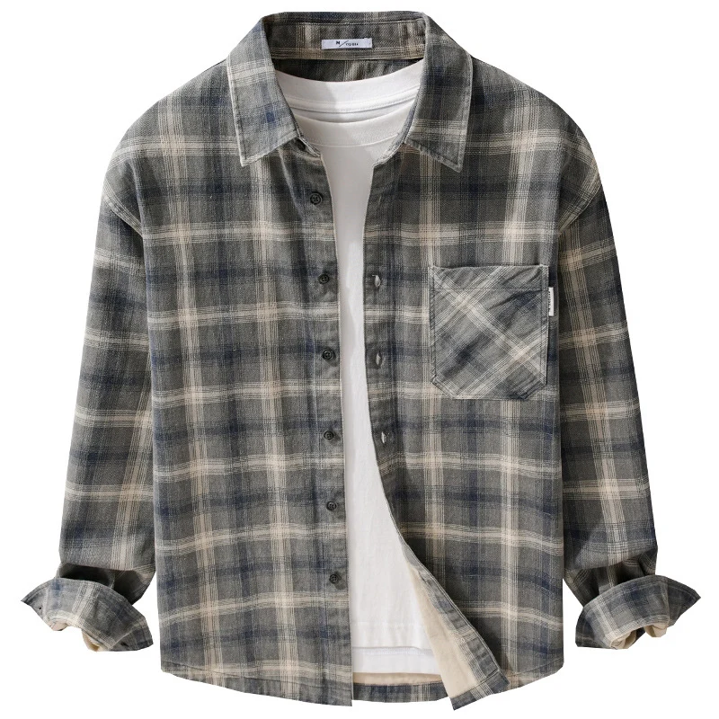 Herren Karo-Relaxed-Overshirt aus gebürstetem Baumwollmix mit Brusttasche und durchgehender Knopfleiste Drune