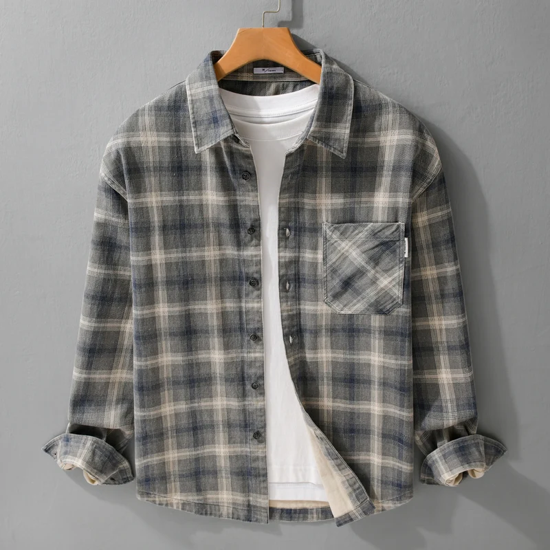 Herren Karo-Relaxed-Overshirt aus gebürstetem Baumwollmix mit Brusttasche und durchgehender Knopfleiste Drune