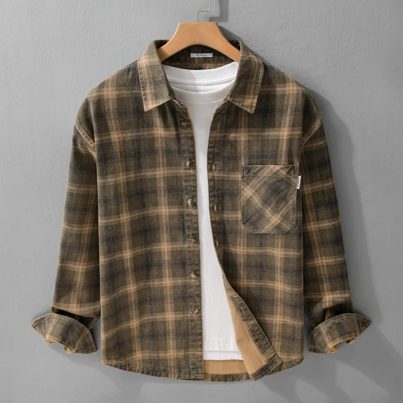 Herren Karo-Relaxed-Overshirt aus gebürstetem Baumwollmix mit Brusttasche und durchgehender Knopfleiste Drune