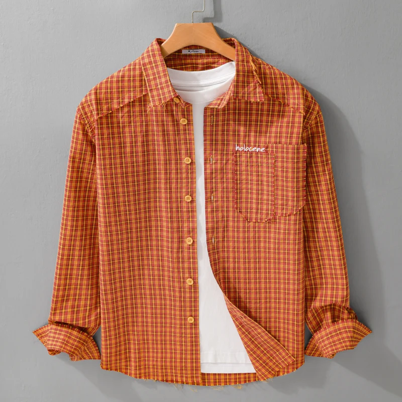 Herren Karo-Overshirt mit fransigem Saum, Brusttasche und Relaxed-Fit Drune
