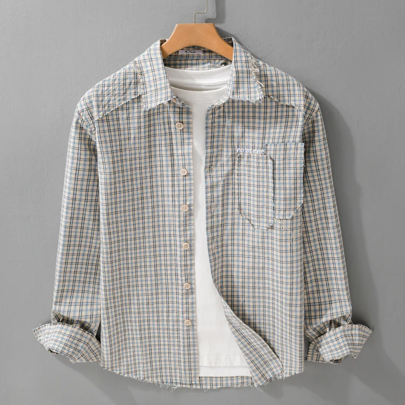 Herren Karo-Overshirt mit fransigem Saum, Brusttasche und Relaxed-Fit Drune