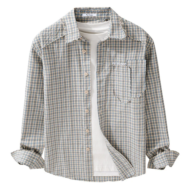 Herren Karo-Overshirt mit fransigem Saum, Brusttasche und Relaxed-Fit Drune