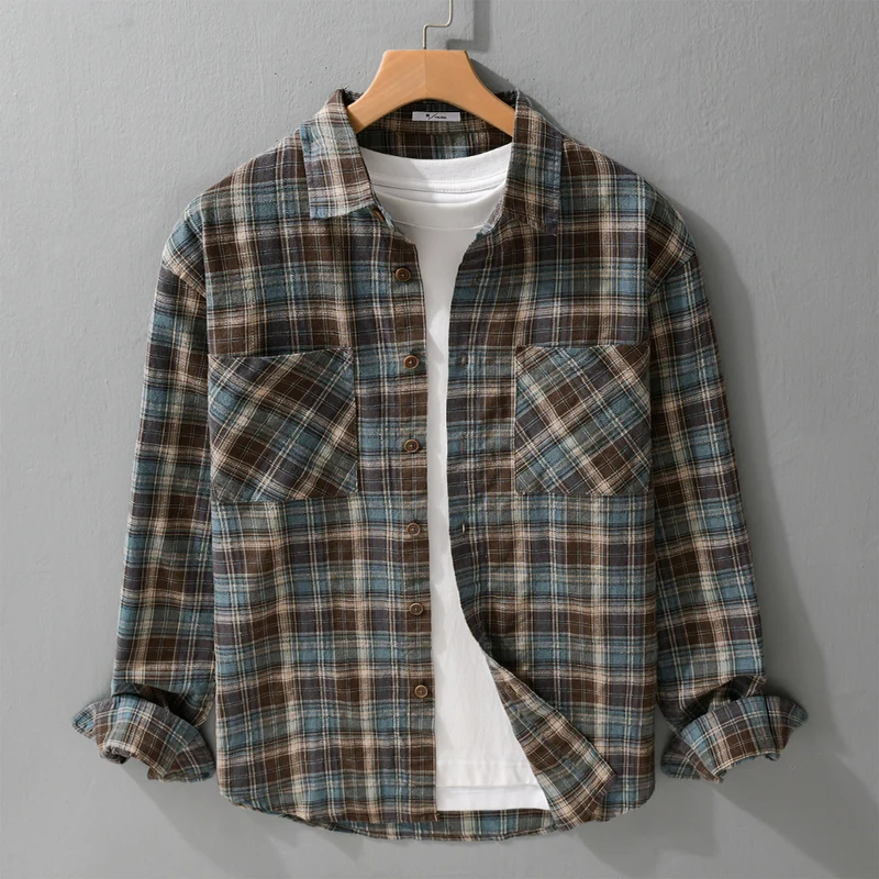 Herren Karo-Flanell-Überhemd aus gebürstetem Baumwollflanell mit aufgesetzten Brusttaschen Drune