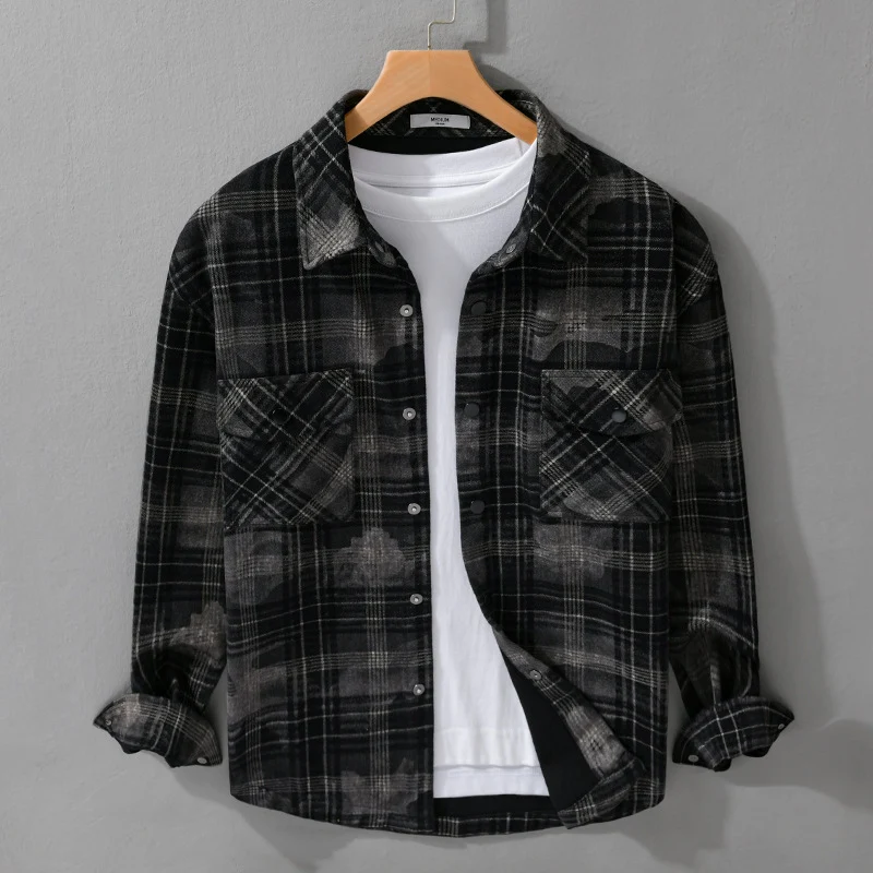 Herren Kariertes Overshirt aus flauschigem Flanell mit Brusttaschen Drune