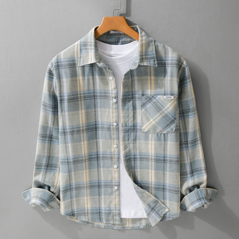 Herren Kariertes Leichtes Flanell-Overshirt mit Brusttasche und Relaxed-Fit Drune