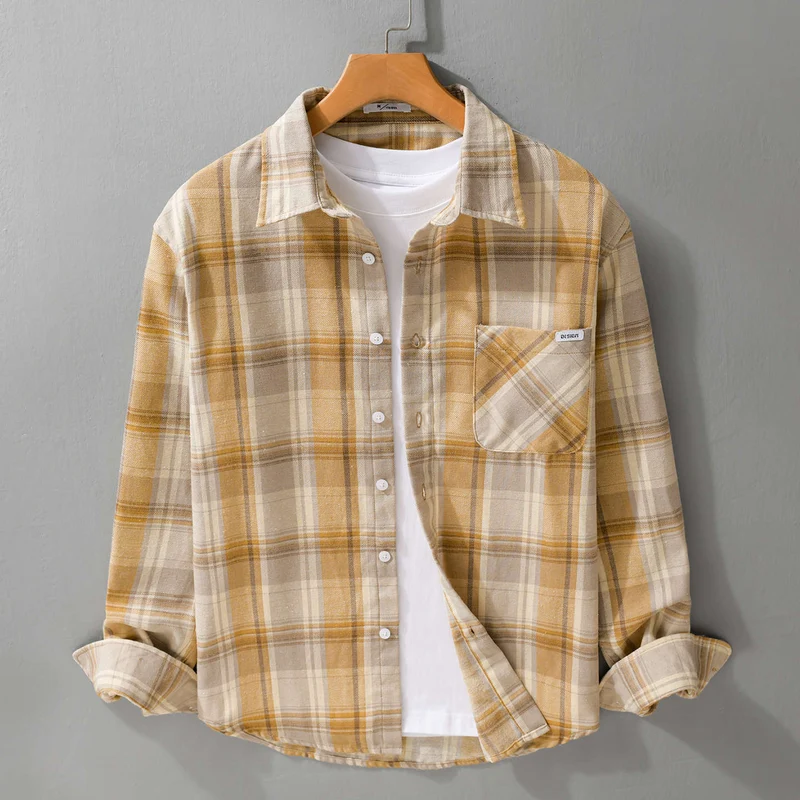 Herren Kariertes Leichtes Flanell-Overshirt mit Brusttasche und Relaxed-Fit Drune