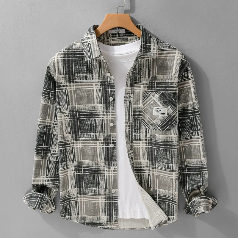 Herren Kariertes Hemdjacken-Overshirt aus Baumwollmix mit texturierter Webstruktur und Brusttasche Drune
