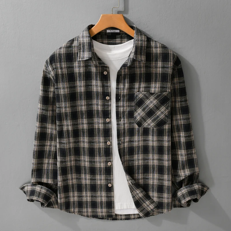 Herren Kariertes Flanell-Überhemd im Vintage‑Look mit aufgesetzter Brusttasche und legerer Passform Drune