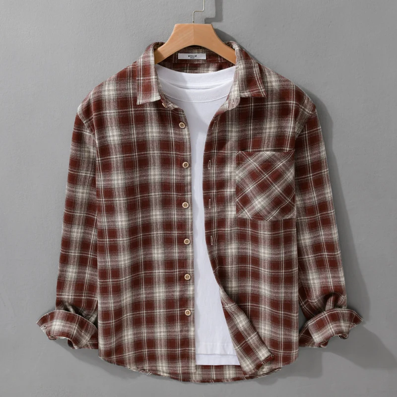 Herren Kariertes Flanell-Overshirt mit weicher Baumwollstruktur, Brusttasche und Relaxed-Fit Drune