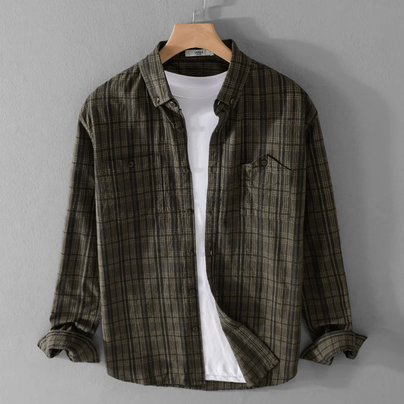 Herren Kariertes Flanell-Overshirt mit Button-Down-Kragen und aufgesetzten Brusttaschen Drune