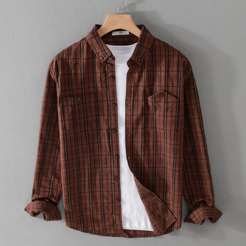Herren Kariertes Flanell-Overshirt mit Button-Down-Kragen und aufgesetzten Brusttaschen Drune
